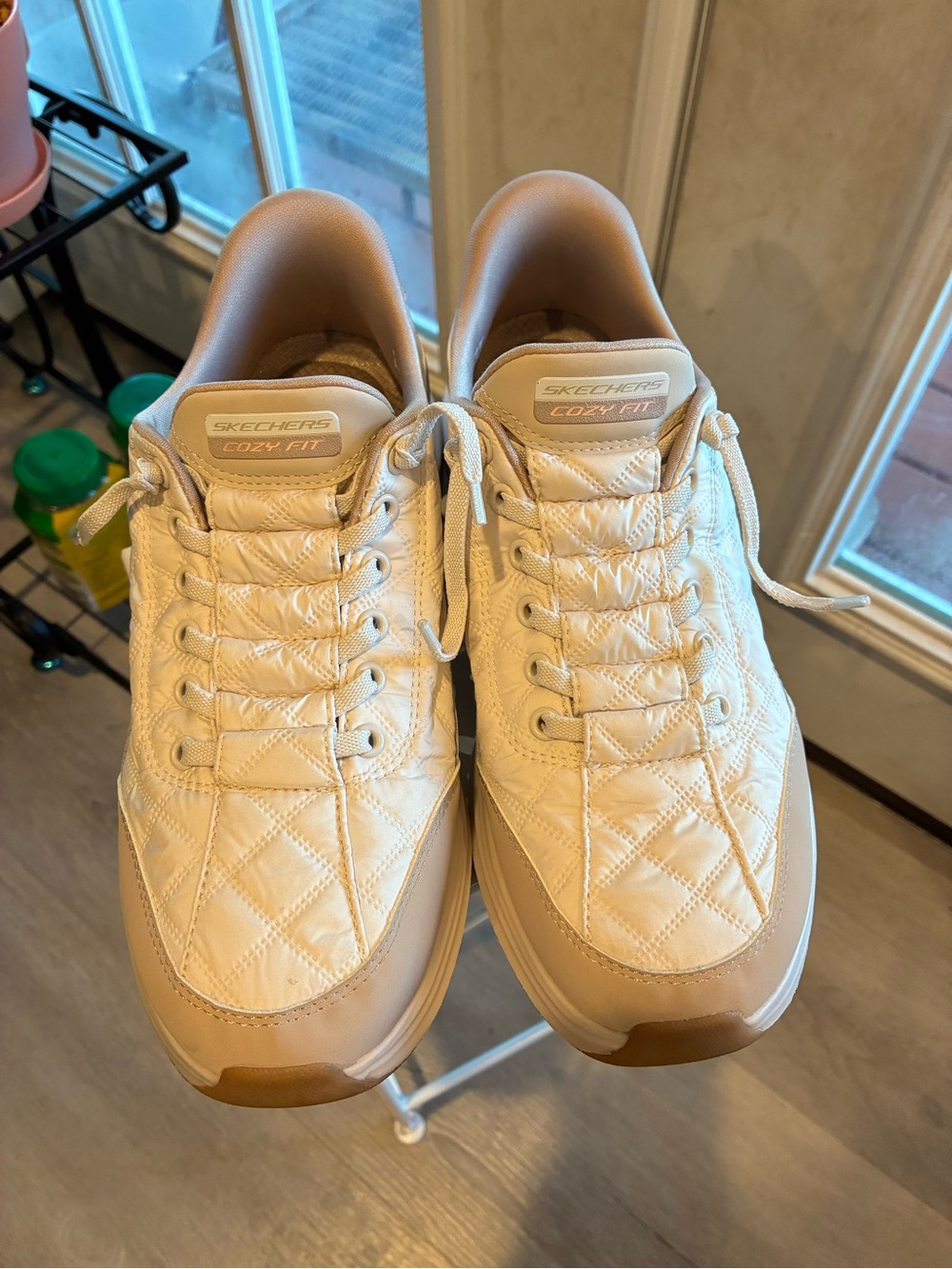Skechers Women’s Quilted Cream and Tan Cozy-Fit Sneakers